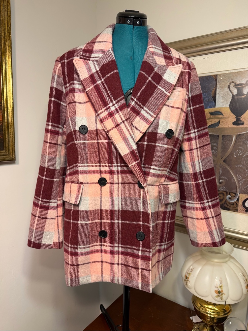 7 For All Mankind Burgundy & Pink Plaid Double-Breasted Peacoat Size Medium